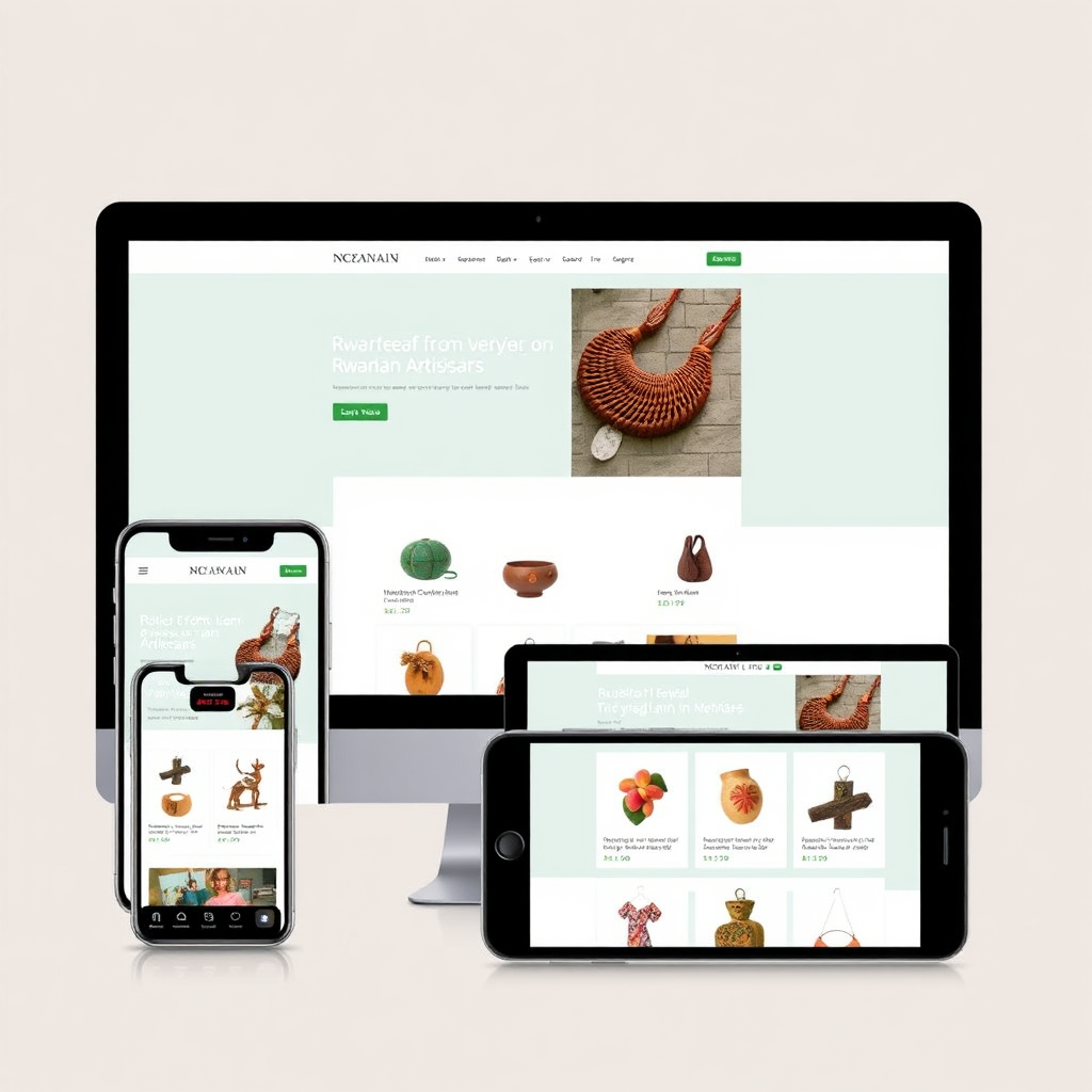 A visually appealing e-commerce website interface displayed on multiple devices (laptop, tablet, smartphone). The website features a variety of products from Rwandan artisans. The layout is clean and modern, with clear calls to action. The image should emphasize the ease of use and visual appeal of the e-commerce platform.